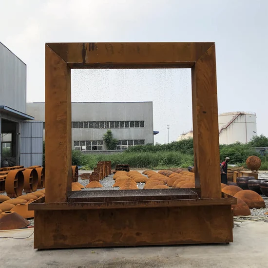 Giochi d'acqua da esterno in acciaio da giardino, tenda antipioggia in metallo con vasca d'acqua, fontana in acciaio corten personalizzata