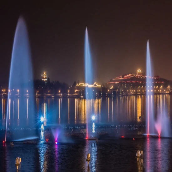 Morden Fontana per danza musicale in acciaio inossidabile Fontana per acqua Proiettore laser ad acqua Spettacolo, Fontana arcobaleno per ponte circolare interno, Fontana a spruzzo di fuoco pirotecnico